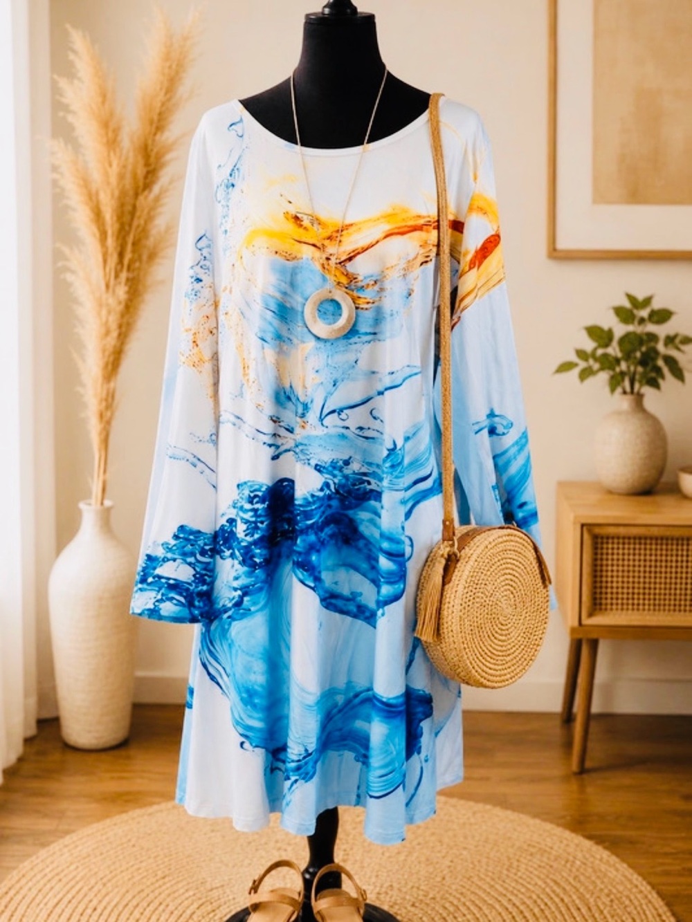 Abstract Watercolor Midi Dress in Blue and Gold - Women's